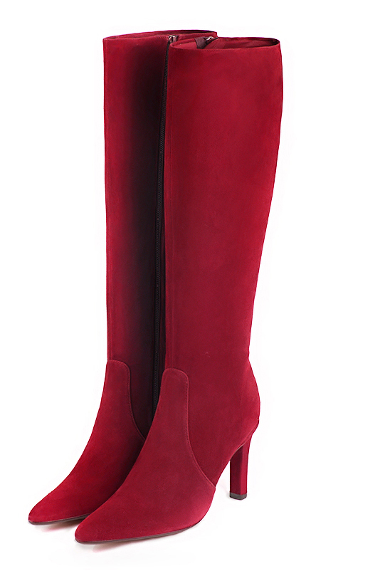 Bottes féminines élégantes et raffinées, réalisées sur mesure, coloris rouge carmin. Bout effilé. Haut. Talon bobine. Mollets fins ou larges. Personnalisation : Choix des cuirs, des couleurs et des talons. - Florence KOOIJMAN